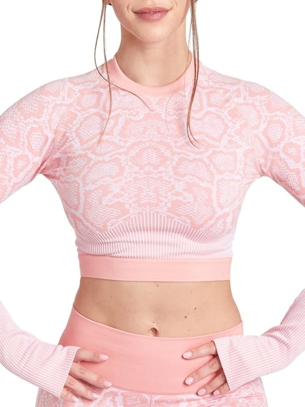 New! Pink Snake-Print Long Sleeve Crop Top